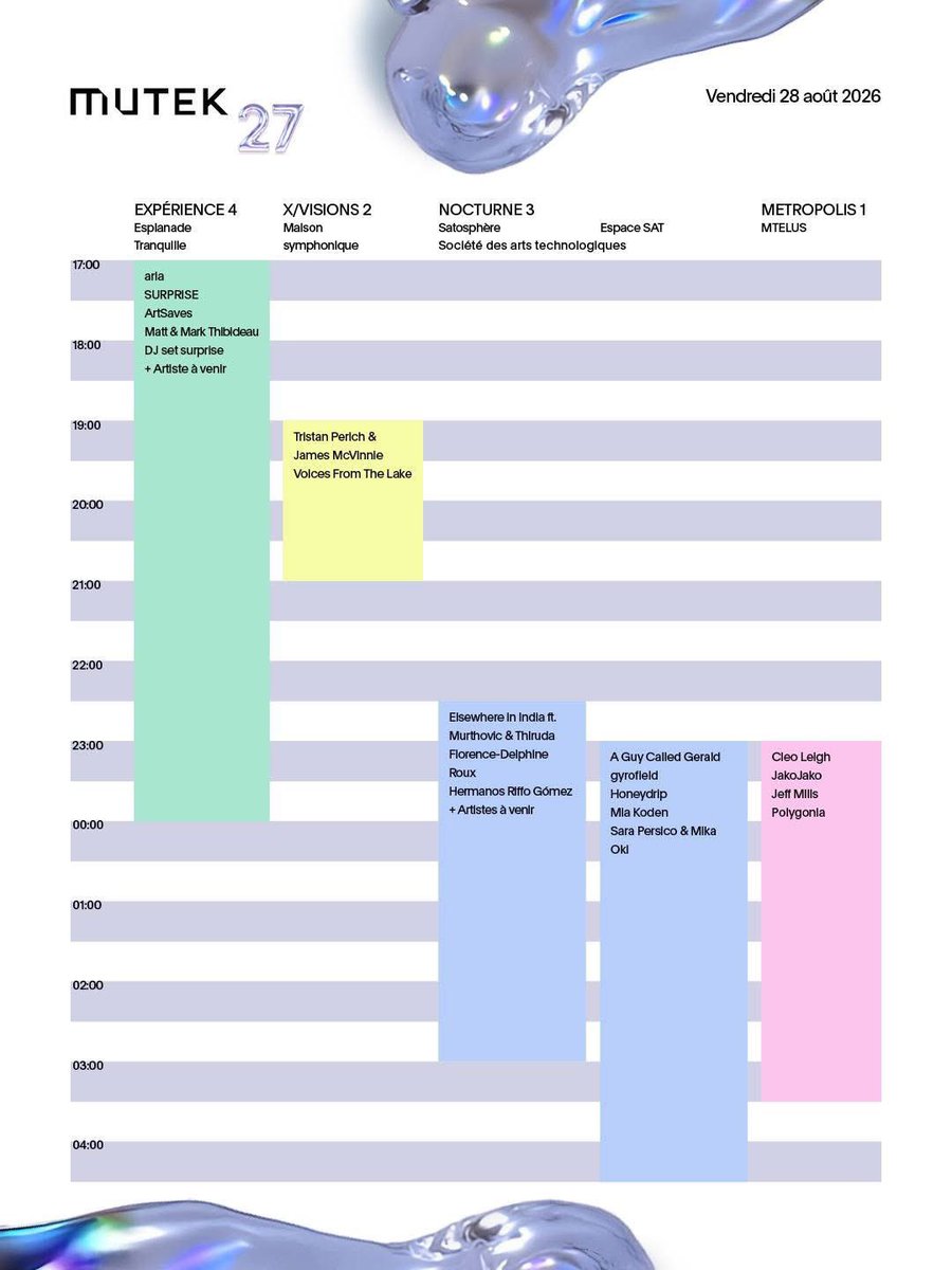 Coercista's tweet photo. Que bella manera de presentar los horarios del MUTEK Montreal. 

Ahora si, para el 2027 no me lo pierdo. https://t.co/06dVQ1JtVt