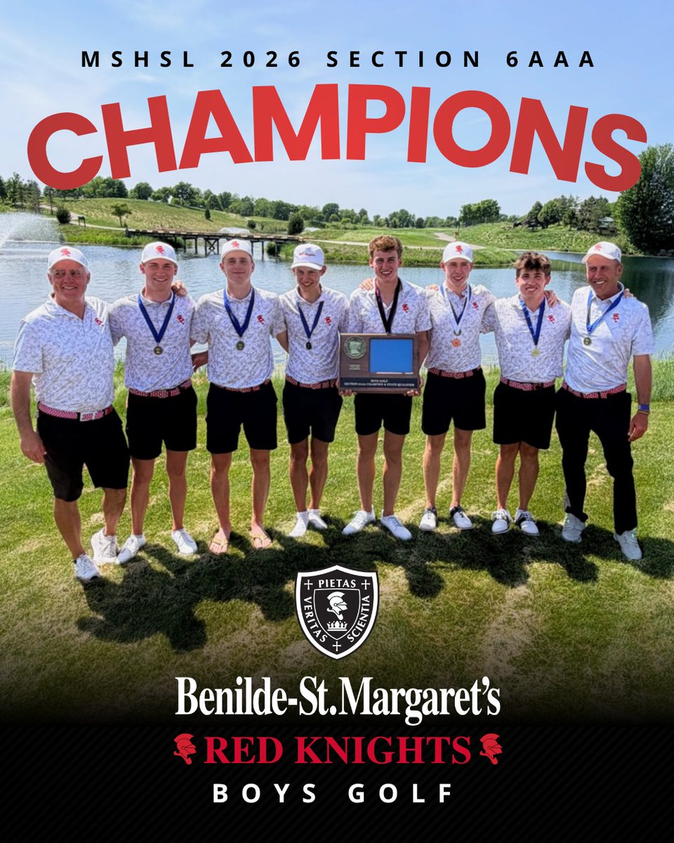 bsmredknights's tweet photo. 🏆 Section 6AAA Champions! 🏆 Your BSM Boys Golf team is STATE BOUND after defeating Edina by 24 strokes to capture the Section 6AAA Championship!

Special shoutout to Cade Callan, Section 6AAA Co-Medalist, with a two-day score of 140. Let's go Red Knights! ❤️🤍 https://t.co/bPrXyycav0