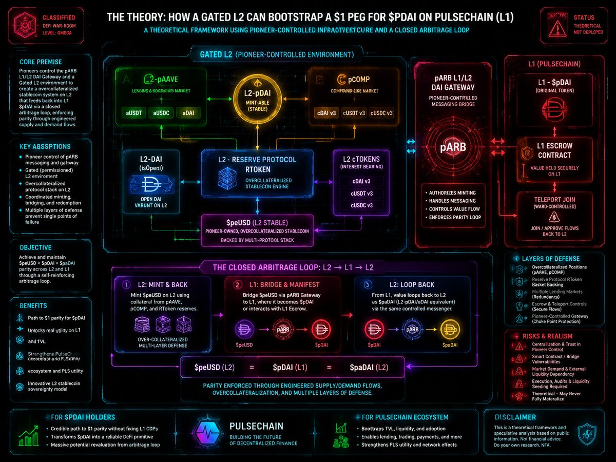 HexJamHex's tweet photo. The Big idea: “The Pioneers who control Pulsechain, can finally fix #pDAI so it actually trades at $1 - not by magically repairing the broken main-chain system, but by building a safer, private “side network” (L2) that creates a brand-new, super-secure stablecoin and then uses a controlled bridge to pull pDAI’s price up to $1 through a repeating money loop.”

How It Works, Step by Step:

1. They build a gated L2  
   Think of PulseChain’s main network (L1) as a busy public highway. The pioneers create a private, invitation-only side road (the gated L2) that only trusted people or smart contracts can use at first. This side road has its own lending markets, borrowing markets, and reserve vaults - basically a mini-DeFi world that’s easier to control and defend.

2. They create $peUSD - a new, bulletproof stablecoin on that side road: 
   On this private L2, anyone (or the system itself) can mint $peUSD, but it’s backed by multiple layers of extra collateral (think AAVE-style lending pools, Compound-style vaults, and a Reserve-Protocol-style basket of assets). 
It’s over-collateralized and has built-in safety nets so it’s extremely unlikely to ever break the $1 peg.

3. They control the bridge (the “pARB DAI Gateway”):  
   Pioneers own the official on/off-ramp between the main highway (L1) and the private side road (L2). This is the key. They can decide exactly how and when money moves back and forth.

4. The magic money loop that fixes pDAI:
   Here’s the part that actually matters for your pDAI bags:

   - You (or the system) mint $peUSD on the safe L2.  
   - You send it across the controlled bridge to the main chain.  
   - On the main chain it shows up as (or can be swapped for) pDAI.  
   - If pDAI is trading below $1 on the open market, this new supply + arbitrage pulls the price back toward $1.  
   - Then you can send it back to the L2 as an even safer version called paDAI (or pDAI on L2).  

   It’s a closed loop: L2 → L1 → L2. Every time the loop runs, it reinforces the $1 price on the main chain. 
The more people use it, the stronger the peg gets.

Instead of trying to fix the old, busted pDAI system on the main chain, they’re building a brand-new, heavily guarded factory on the side that prints a trustworthy stablecoin and then uses a private bridge to “import” that strength back to pDAI.

What This Means for #pDAI and PulseChain:

For pDAI holders (the bullish part):
If this actually gets built and works, pDAI could finally trade close to $1 instead of the pennies it’s been stuck at. That would be huge for anyone sitting on pDAI bags - it turns a dead or dying asset into something you can actually use for lending, trading, or payments on PulseChain. The tweet is basically saying the pioneers have the tools to engineer this fix without waiting for the open market to magically fix itself.

For PulseChain as a whole: 
A real $1 stablecoin changes everything. Right now PulseChain has cheap fees and fast transactions, but without a reliable stablecoin most people treat it as a speculative playground. If pDAI (or peUSD) actually holds $1, you suddenly get real DeFi activity - people borrowing, lending, farming, paying bills, hedging - all on PulseChain. That brings real liquidity, real users, and real value to PLS itself (because you need PLS for gas and as collateral).
The realistic caveat:
- This is still a theory on a diagram. It requires actual smart contracts to be deployed, audited, and seeded with liquidity. Nothing is live yet.  
- It does introduce some centralization at first (pioneers control the bridge and the gated L2). 
That’s the trade-off for getting the peg fixed quickly, but it’s not fully decentralized.
- Pegs only hold if there’s real demand on the other side. If nobody actually wants to use PulseChain for anything, the loop might keep the internal price stable but won’t matter much in the wider market.  
- In  crypto - black swans, exploits, or bad sentiment can break even the best-designed system.