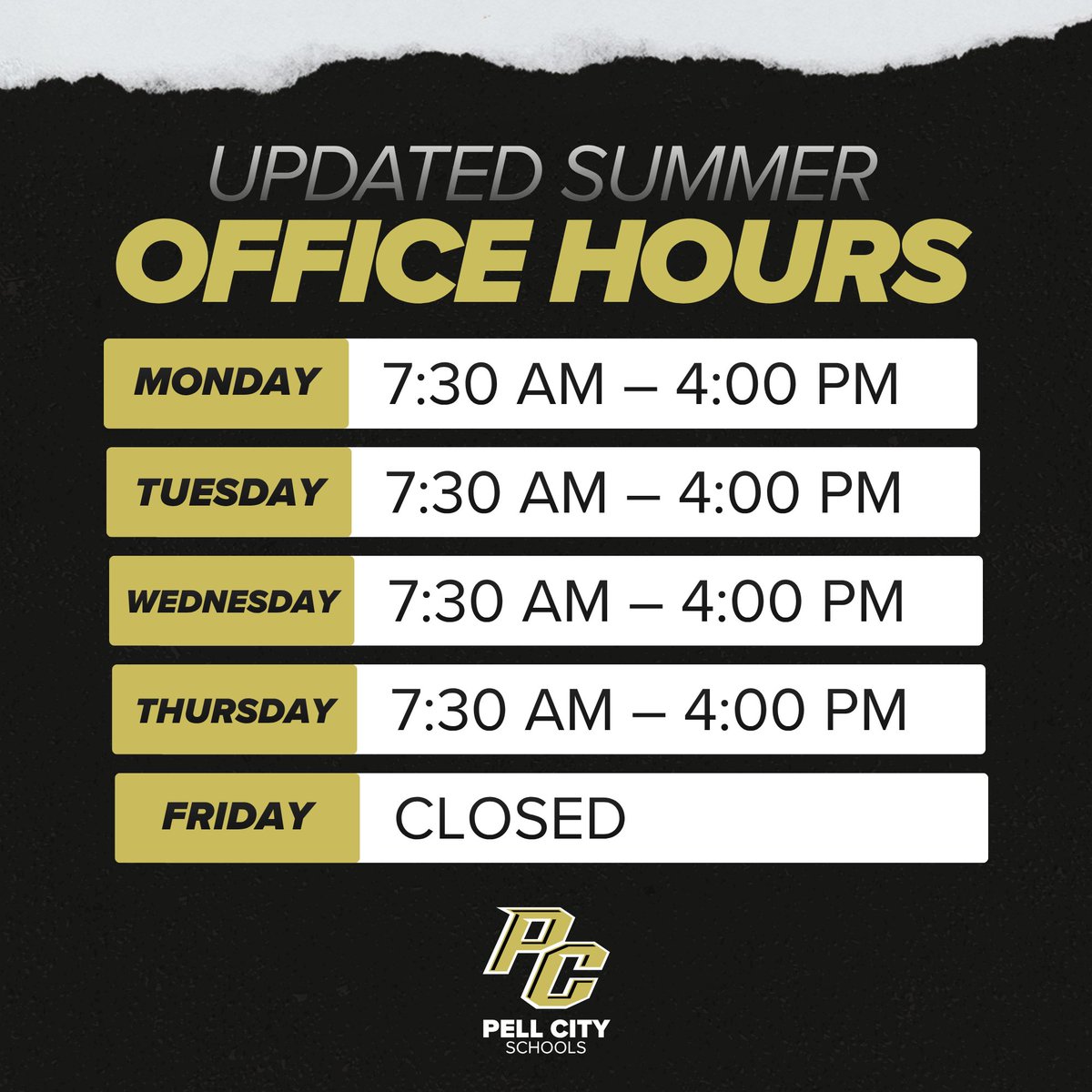 PCSchoolSystem's tweet photo. Just a heads up, Pell City! Until further notice, the Pell City School System Central Office will be operating on an altered summer schedule:
Monday – Thursday: 7:30 a.m. – 4:00 p.m.
Closed on Fridays

If you have any questions, don't hesitate to reach out. We're happy to help!

#WeArePC | #PellCitySchools