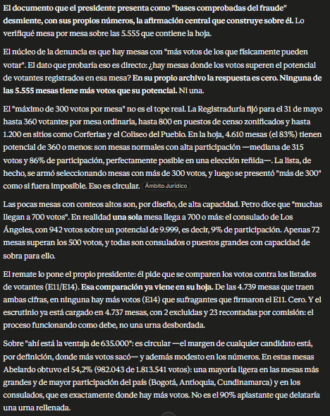 SebasAvanza's tweet photo. Ya que a Gustavo Petro le encanta tanto hablar de Inteligencia Artificial sin saber nada de ella, me puse en la tarea de analizar con Claude Opus 4.8 (El modelo más inteligente del mundo actualmente) las supuestas pruebas de fraude de Gustavo Petro. No más palabras su señoría. https://t.co/N5wjty0n3E