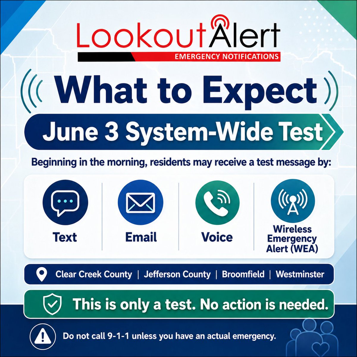 broomfield's tweet photo. LookoutAlert will conduct a system-wide emergency notification test the morning of June 3. Those signed up should receive a test message with a loud alert notification. Use this opportunity to register or update your information at https://t.co/bwGGl8Fo8X. https://t.co/rQ1YjuULUK