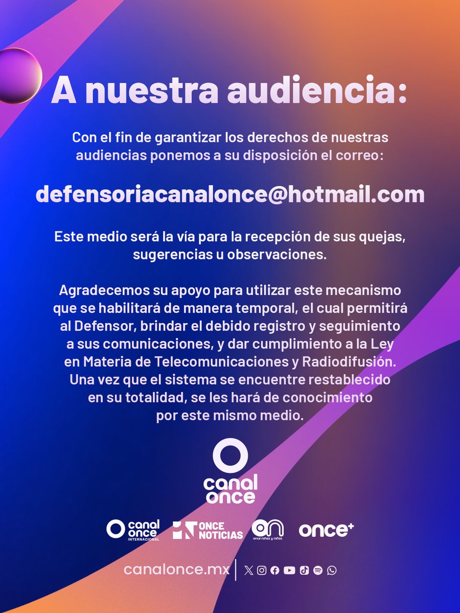 CanalOnceTV's tweet photo. #CanalOnce reafirma su compromiso con la audiencia y pone a su disposición canales alternos para seguir brindando atención y seguimiento.

Agradecemos el apoyo de la comunidad y reforzamos nuestra responsabilidad social.

#LoViEnElOnce #SeguimosAlAire https://t.co/ZEJkmlSHl2