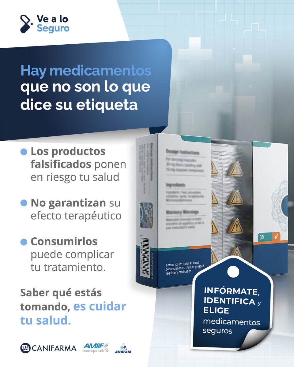 canifarma's tweet photo. Los medicamentos falsificados son un riesgo para la salud por que no cumplen con los estándares de calidad, seguridad y eficacia.

Su uso puede impedir que tu tratamiento funcione como se espera o provocar efectos adversos. ⚠️

Por eso, asegúrate de adquirirlos en establecimientos formales y verificar su autenticidad antes de consumirlos. 💊

Cuidar tu salud también es tomar decisiones informadas.

#VeALoSeguro #MedicinaModerna