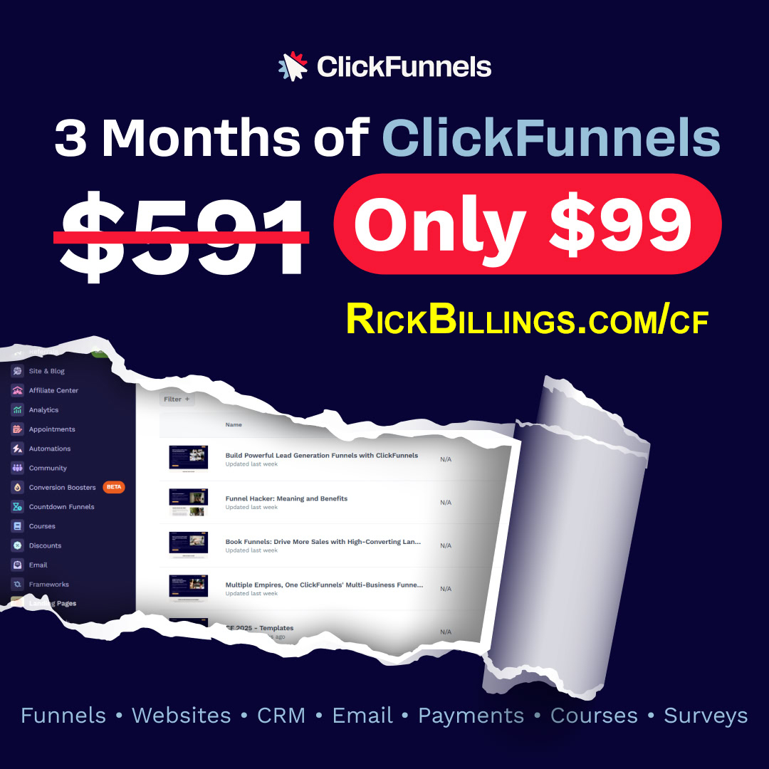 RickBillings's tweet photo. Get 3 months of the ClickFunnels Scale plan for just $99.

That’s 83% off the normal $197/month price.

Access funnels, websites, CRM, email, automations, payments, and more – all in one platform.

#clickFunnels https://t.co/Z63sUCTZdy