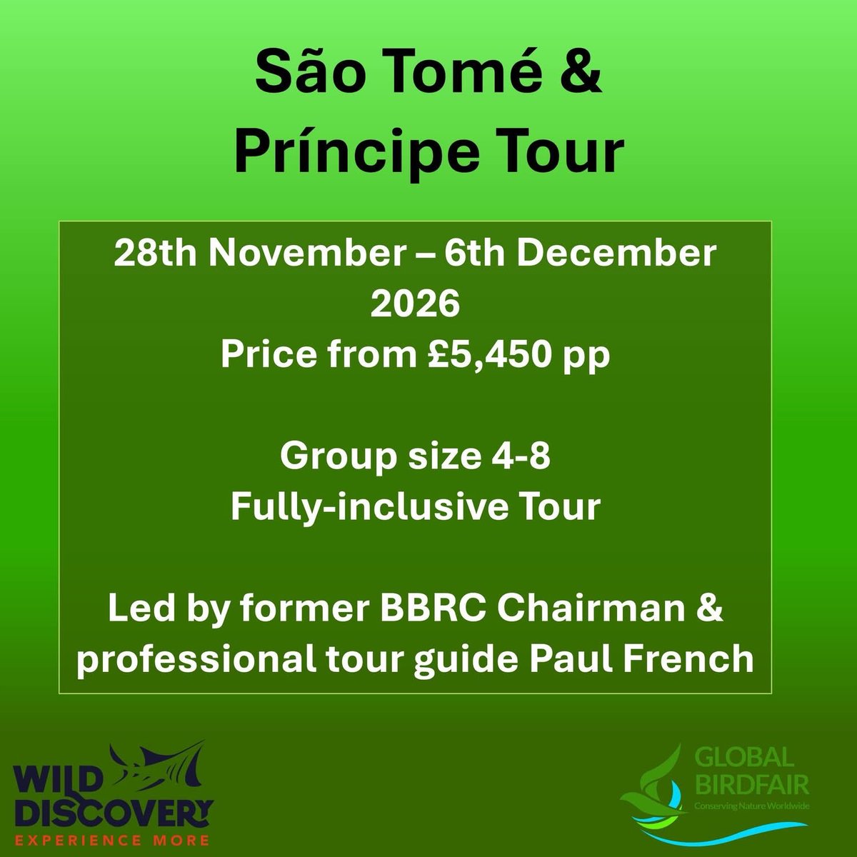 GlobalBirdfair's tweet photo. 🇸🇹 Exciting opportunity to visit São Tomé and Príncipe with Wild Discovery

https://t.co/bWP7lYQXpH

Meet Rachael and Dan at Global Birdfair in Swallow Marquee to find out more

Limited spaces - don’t miss out!
@TelegraphTravel @JLowenWildlife @HOSbirding @CHESHIREBIRDING @_OSME https://t.co/o56GQE5rC4