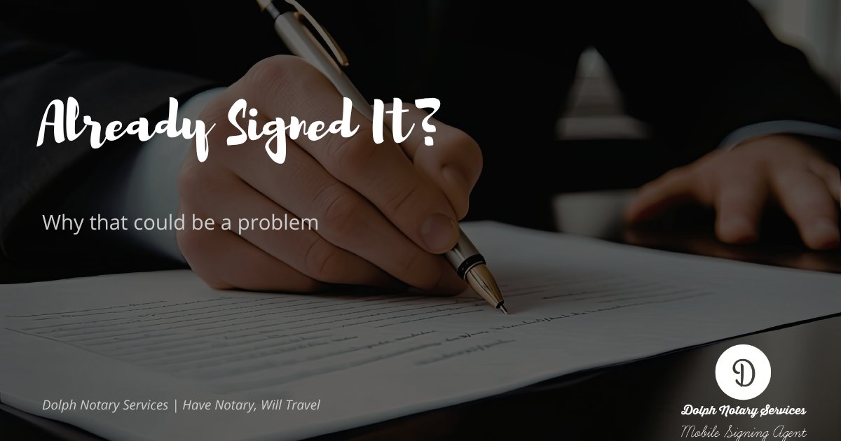DolphNotary's tweet photo. Already signed your document before the notary arrived? 😬
That might be a problem.
Learn why 👇
👉 https://t.co/ey89zsmYYG
#MobileNotary #NotaryTips #CentralIndiana #dolphnotaryservices https://t.co/SHoGLvACrb