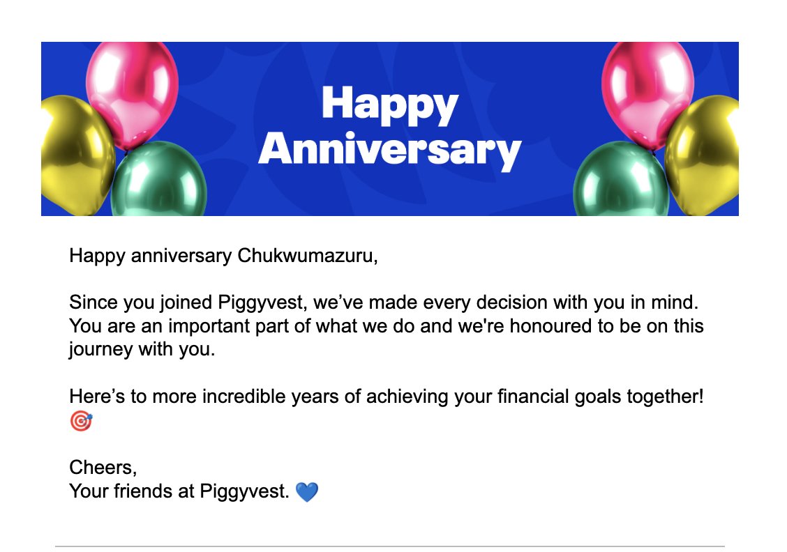 brickelsmart's tweet photo. @piggyvest  Thank you for the anniversary email. But how many years' anniversary am I celebrating? It would have been nice to add it to the email content. 

Cheers 🥂to more years together https://t.co/YZRsWleLvi