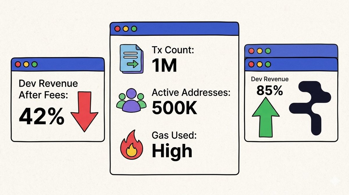 Halemo53's tweet photo. Most blockchain metrics measure activity. Transaction count. Active addresses. Gas used. TVL. But these metrics miss something important: efficiency. How much value actually reaches developers after all fees are taken?

@RialoHQ tracked this across multiple chains. The numbers are sobering. In many cases, developers receive less than half of what users pay. The rest disappears into fee stacking. Protocol takes its cut. Infrastructure takes its cut. Gas takes its cut. By the time value reaches the app layer, there's barely anything left.

This isn't sustainable. Developers won't keep building if they can't earn a living. The fix is measuring what matters: developer revenue after fees, not before. And then building coordination layers that maximize that number. Read the docs to see how.