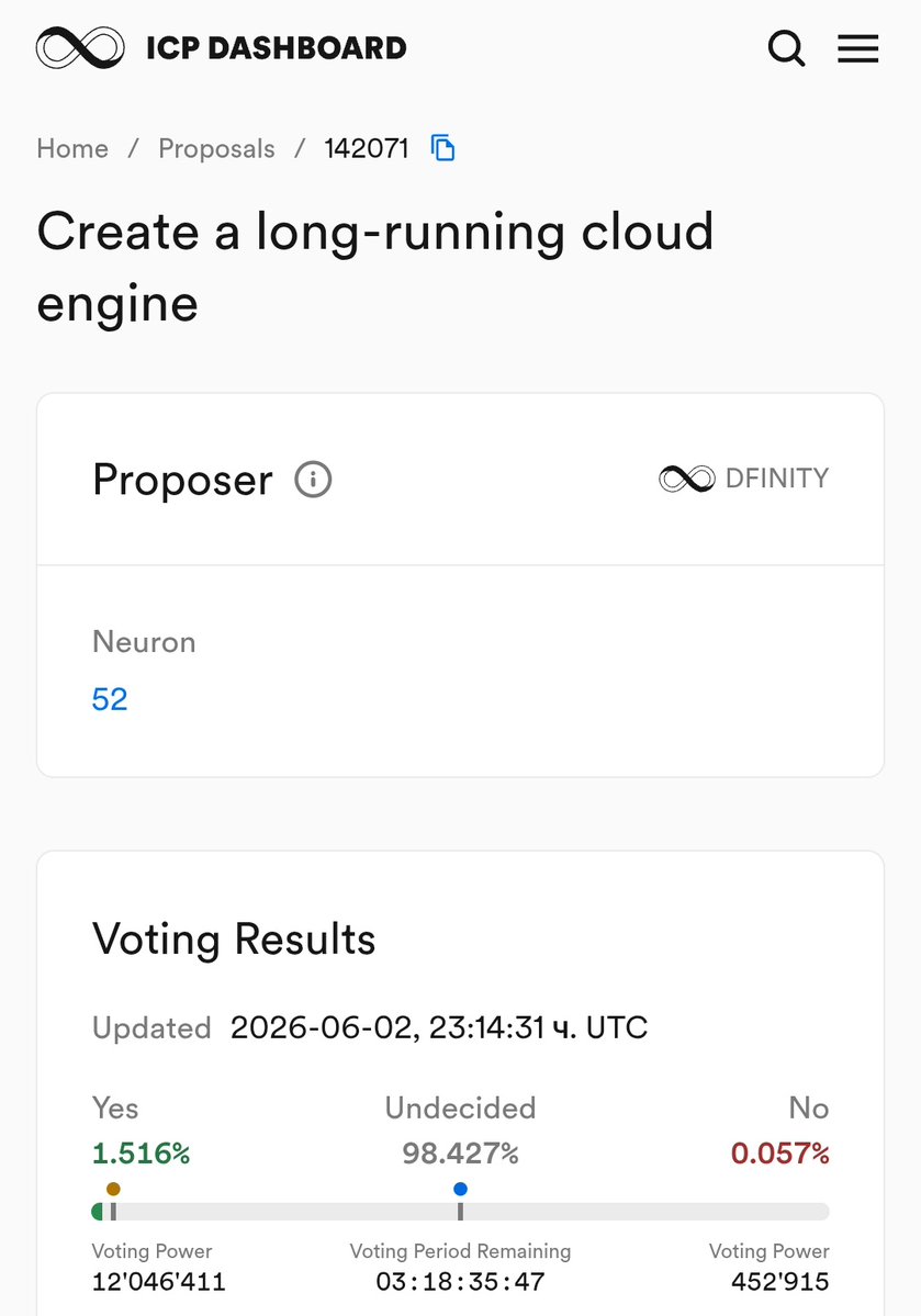 smogbrat's tweet photo. Hello, $ICP community! We have a really important proposal here(142071) for a long-running cloud engine. I see progress, I see technology, I see better tokenomics. I see the future of decentralized internet here. The cloud engine can save nations and solve outages and hacks.♾️ https://t.co/JgQW1g9xJl