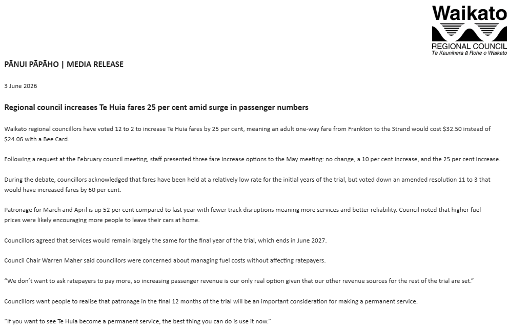 NZTransitBuzz's tweet photo. #TicketingNews: Waikato regional councillors have voted to increase Te Huia fares by 25%, meaning adult one-way fares from Frankton to the Strand would cost $32.50 with a Bee Card.

Councillors agreed that services would remain largely the same for the final year of the trial. https://t.co/4FWROG6Bx3