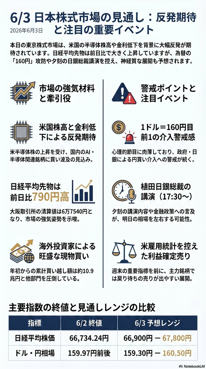 Middle0616's tweet photo. 3日の日本株式市場は大幅反発の見通し。前日の米株式市場で景気敏感株が買われNYダウが5日連続で史上最高値を更新したほか、SOX指数が約6%近く急上昇した流れを引き継ぎ、東京市場でも半導体関連など主力銘柄を中心に買い戻しが優勢となる、リスクオンの地合いが予想されます。 https://t.co/HvoCzCKbIq