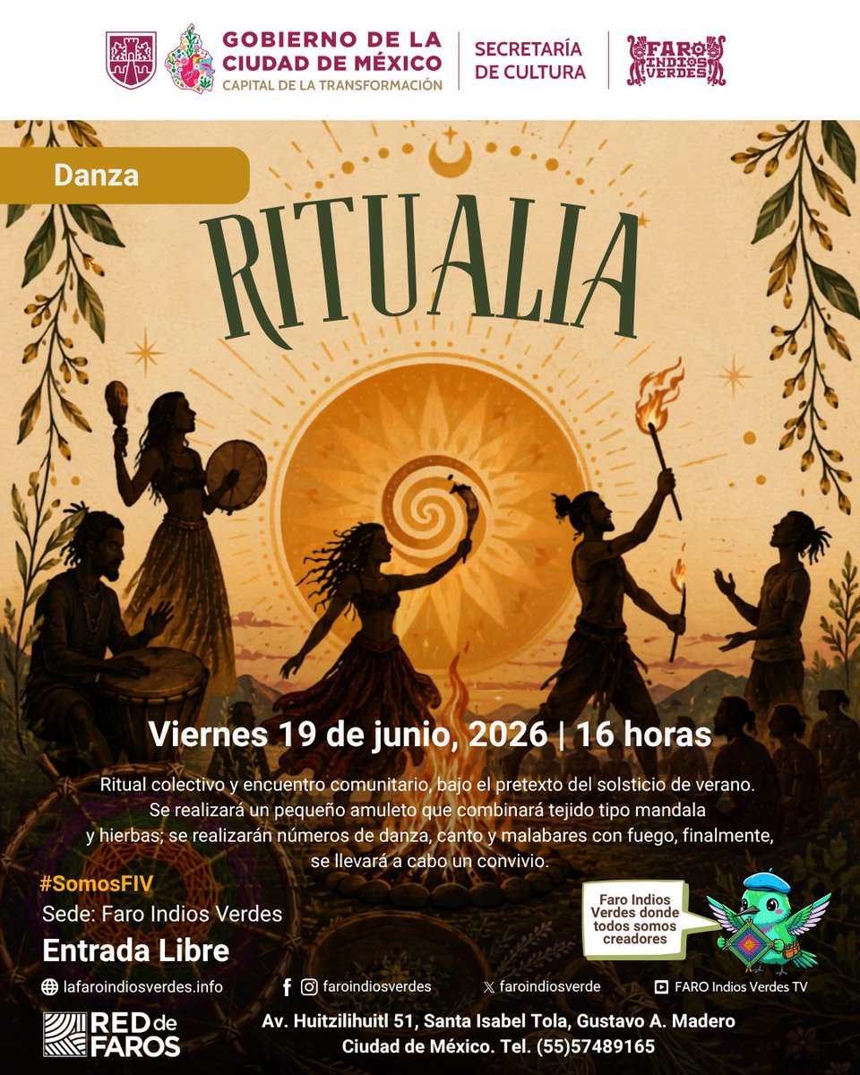 FaroIndiosVerde's tweet photo. 🔥🌿 Celebremos la llegada del solsticio de verano en Ritualia, un encuentro donde el arte, la energía colectiva y la convivencia se unen para compartir una experiencia llena de creatividad. ✨
📅 19 de #junio2026
⏰ 16 horas
📍 #FAROIndiosVerdes https://t.co/vcIYtvJyIE