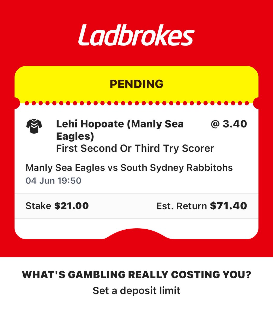 durrymunchas's tweet photo. Manly v Rabbitohs 

I like Lehi in this. Bunny’s have conceded their 2nd most tries this season to OPP LW and 4 in L5 games to OPP LW, so I’m backing Lehi Hopate to get in early at 4 pines park https://t.co/P5ERfB2O0F