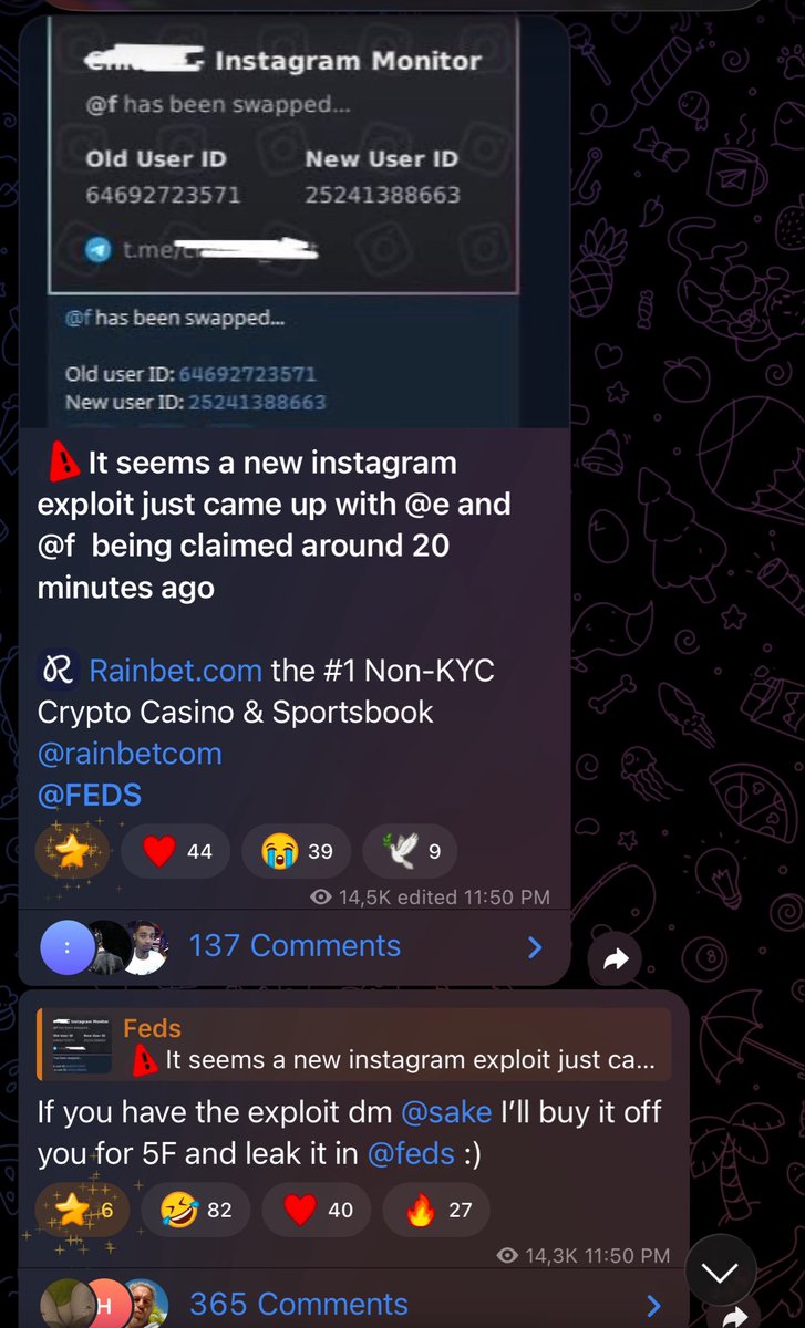 n3ifo's tweet photo. The same Telegram channel @FEDS that publicly exposed the instagram chatbot vulnerability to thousands of people before it was patched is now saying theres another active exploit..
@E and @F have both been claimed already beware... https://t.co/psJwkEzmrF