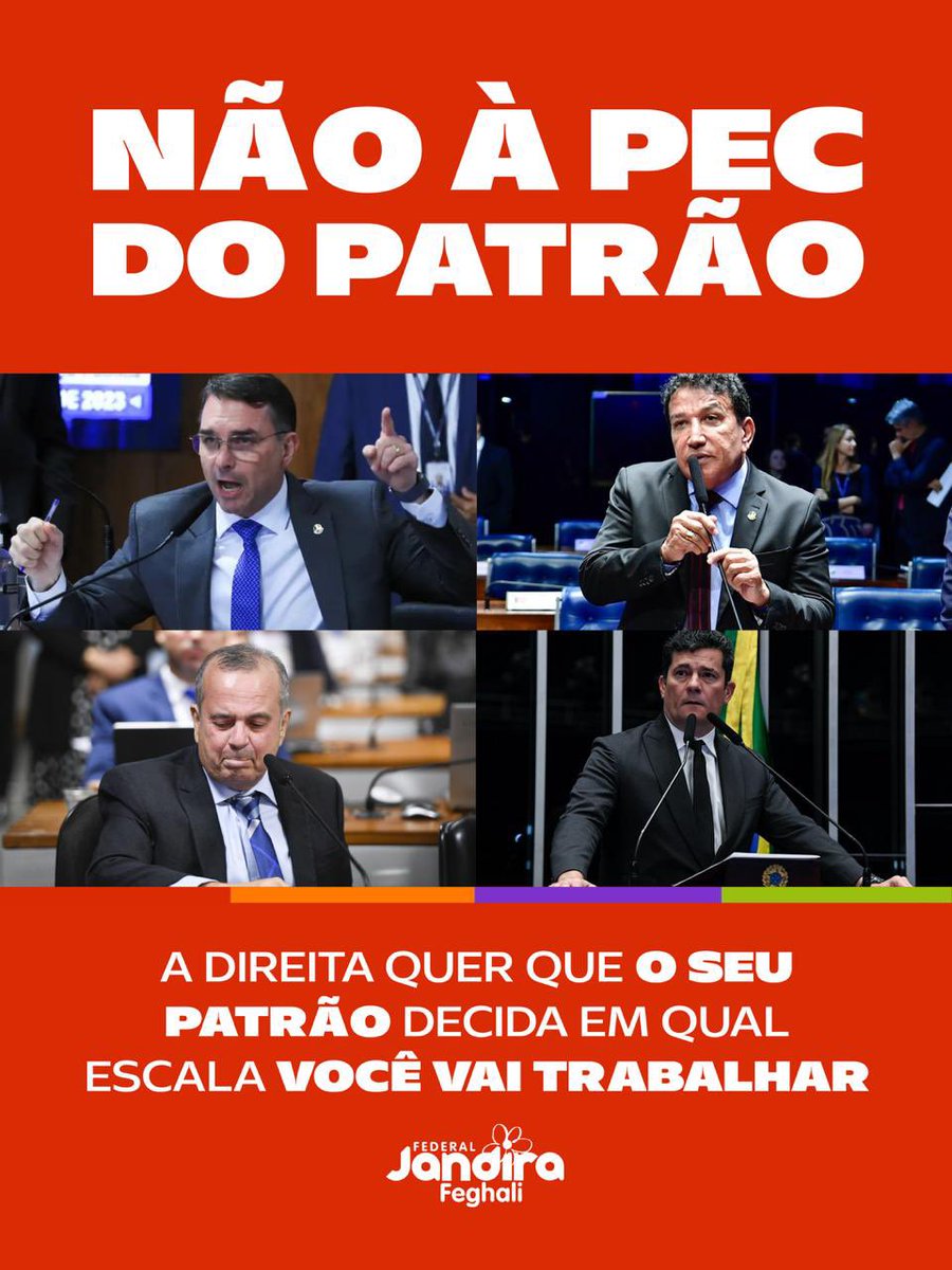 jandira_feghali's tweet photo. PEC DOS PATRÕES, NÃO!!! 
Pelos autores, TariFlávio Bolsomaster entre eles, já sabemos que boa coisa não é! Não queremos cortes de direitos em troca do fim da escala 6x1. Defendemos o texto que saiu da Câmara com redução da jornada sem redução de salários e direitos. Esta é nossa luta!