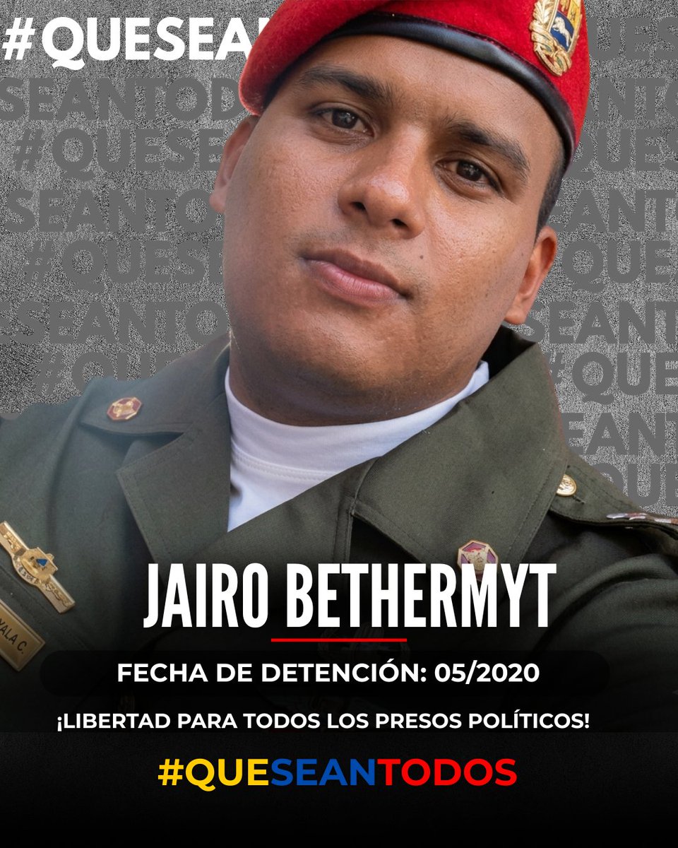 VenteDDHH's tweet photo. ❗️¡Libérenlos a todos!

En Venezuela todavía quedan mas de 400 personas secuentradas por el régimen. Son más de 400 vidas en pausa.

¡Jairo Bethermyt y cada uno de los presos politicos debe ser liberado YA!

#QueSeanTodos https://t.co/rShclUata0
