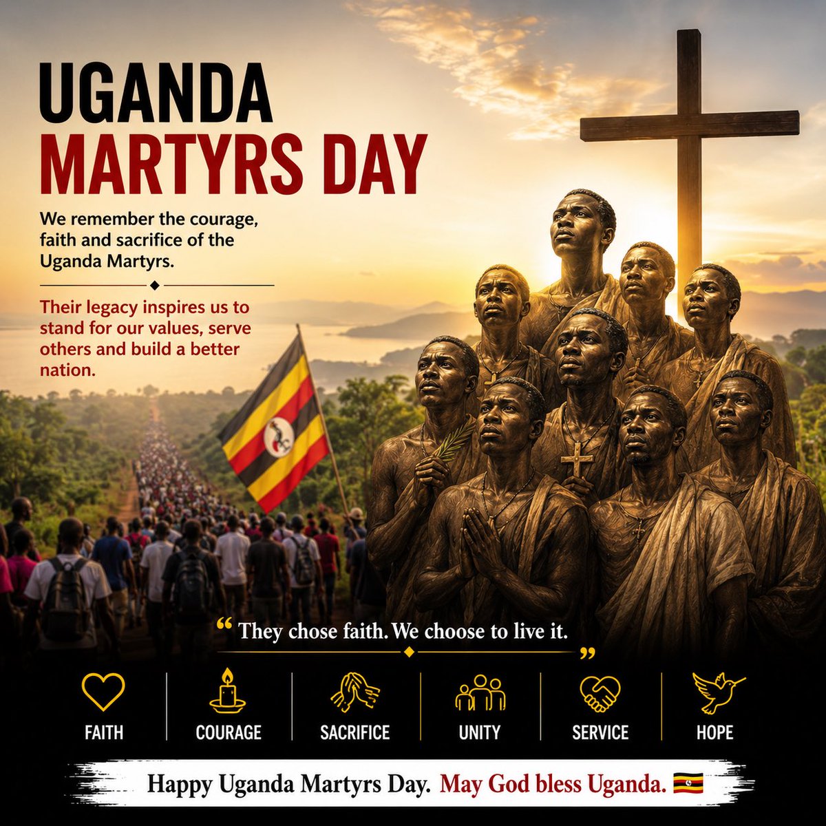 tukjb's tweet photo. Today, we remember the courage, conviction, and sacrifice of the Uganda Martyrs. Their story continues to inspire generations to stand firm in their beliefs, uphold their values, and serve others with humility.

May this day be one of reflection, faith, unity, and hope for all Ugandans.

Happy Uganda Martyrs Day. 🇺🇬🙏