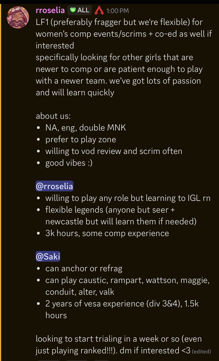 rroseIia's tweet photo. i’m LF1 with @saki201_ for apex women’s comp :3 

dm/reply if interested or if you know anyone who would be :) https://t.co/7uW1JnT6dp