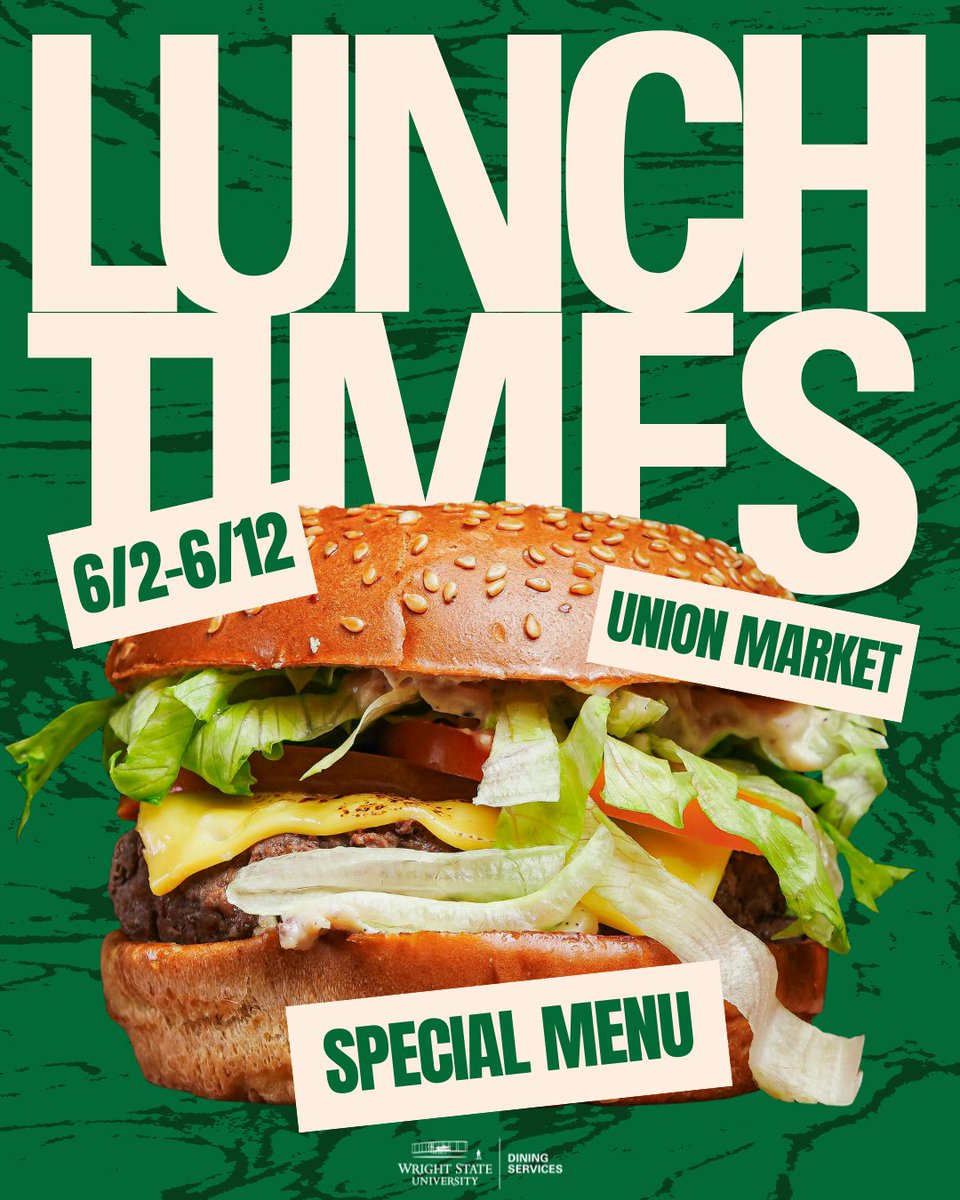 WrightStDining's tweet photo. Lunch now open in the Union Market for a LIMITED TIME!

Need sometime quick to eat while you are on campus for the next two weeks? The Union Market has you covered. We have a limited menu but packed full of flavor. New specials every day!

#HunrgyatWSU #WrightState https://t.co/xwBDUNFd3D