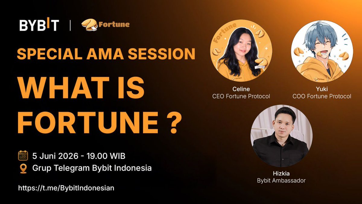 io_FortuneID's tweet photo. 📢 SPECIAL AMA SESSION Bareng @Bybit_ID  – WHAT IS FORTUNE?

👋Halo semuanyaaa, kali ini Fortune Protocol hadir di komunitas Bybit Indonesia nih!🚀

Kalian penasaran ga sih gimana Fortune ngebangun ekosistemnya? apa visi jangka panjangnya? dan apa aja peluang yang bisa dimanfaatkan oleh komunitas biar bisa dapet cuannya? 🤔

Jangan sampai kalian lewatin untuk bertanya secara langsung ke tim core Fortune Protocol dalam sesi AMA eksklusif bareng Bybit Indonesia🔥

🎙 Speakers:

👩 Celine – CEO Fortune Protocol
👤 Yuki – COO Fortune Protocol
👤 Hizkia – Bybit Ambassador

📅 Tanggal: 5 Juni 2026
⏰ Waktu: 19.00 WIB
📍 Tempat: Grup Telegram Bybit Indonesia

🎁 REWARD POOL: $50 BONUS TRADE

Bybit bakalan milih 5 peserta beruntung yang aktif selama sesi AMA buat dapetin:
🏆 $10 Bonus Trade per pemenang

✅ Cara ikut:
• Bergabung ke grup Telegram Bybit Indonesia
• Hadir saat AMA berlangsung
• Ajukan pertanyaan yang relevan dan berkualitas
• Ikuti diskusi hingga sesi selesai

🔗 Grup Telegram Bybit Indonesia:
https://t.co/7iau4sMZ1h

Siapin pertanyaan terbaik kalian dan jadilah salah satu dari 5 pemenang yang beruntung guys! 🔥