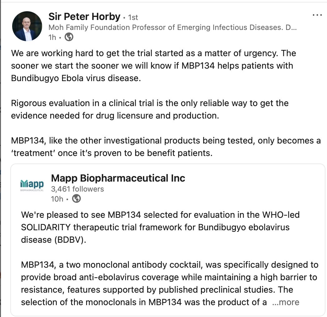 HelenBranswell's tweet photo. Wondering where things stand with MappBio's MBP-134 #Ebola monoclonal antibody? The company posted on it today on LinkedIn. And @PeterHorby said Oxford's Pandemic Sciences Institute is working hard to get MBP-134 into a clinical trial in the outbreak zone. https://t.co/1XtbFH1FJg https://t.co/nL1kgGZ98y