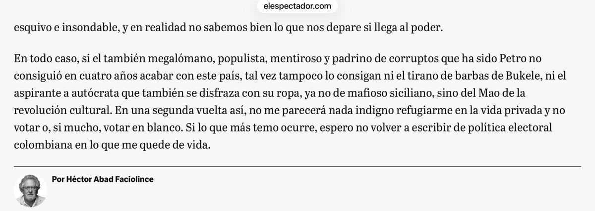 EnVozAlta's tweet photo. Esta columna de @hectorabadf habla de la primera vuelta de Colombia, pero se aplica perfectamente a lo que pasó en la primera vuelta de Ecuador.

Lean esta descripción y díganme si no retrata al aspirante a Calígula que produjo nuestra polarización:

«Un patriota que hará lo que el mandamás de Estados Unidos le indique y que seguirá su ejemplo de mezclar el Estado con sus negocios privados para hacer aún más grande el paquete de sus propiedades. Un firme por la patria que en realidad sería un procónsul del Imperio.»
