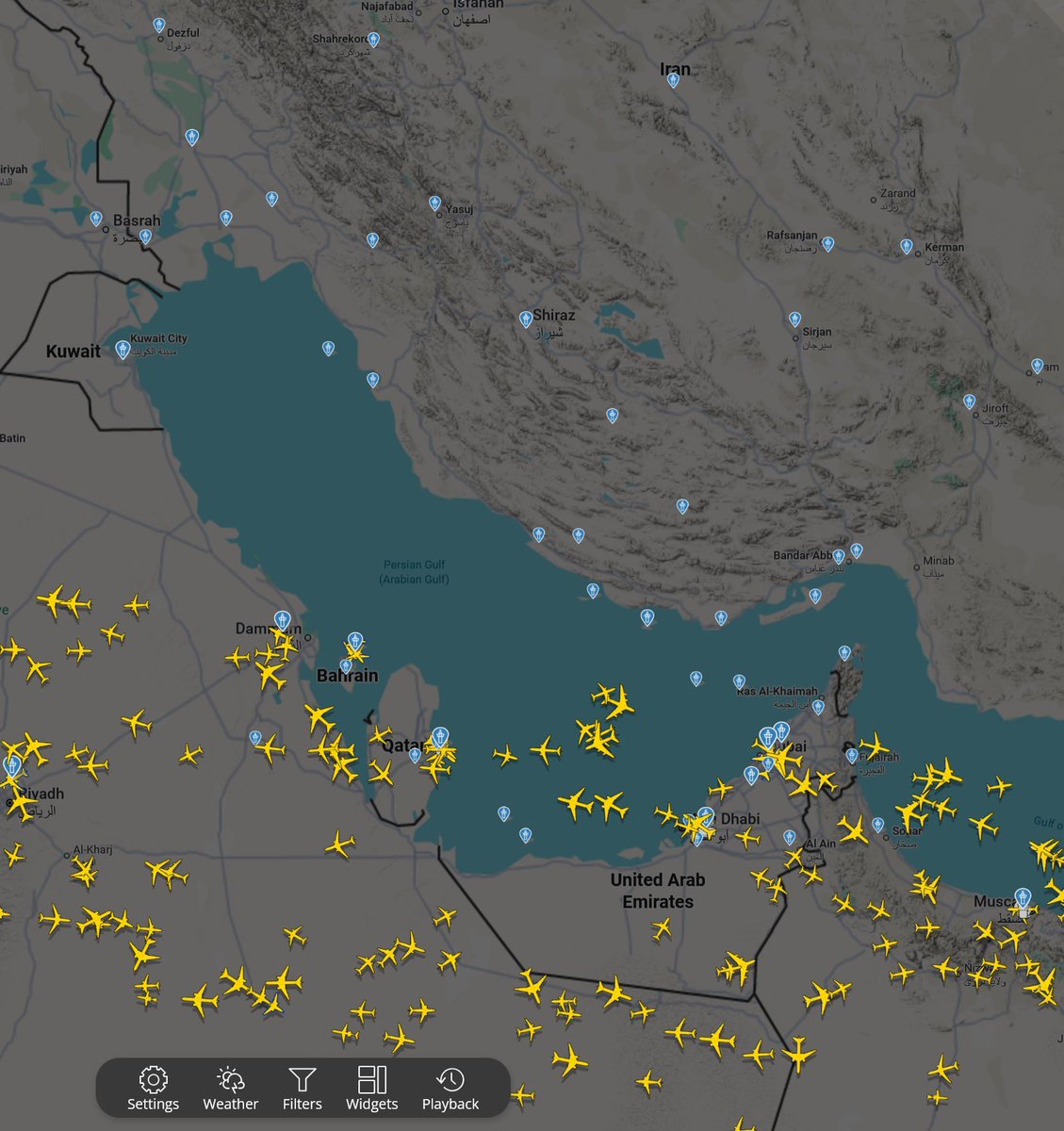 MarioNawfal's tweet photo. 🚨🇦🇪 BREAKING: The skies over the Persian Gulf are in chaos right now, with dozens of passenger jets circling and unable to land across the Emirates and neighboring states.

Once Bahrain and others shut their airspace, every inbound flight had nowhere to go. 

So now you have packed airliners holding in the air, burning fuel, waiting on diversions to airports that may also be closed. 

Some will end up turning back entirely.

Source: CIG on TG