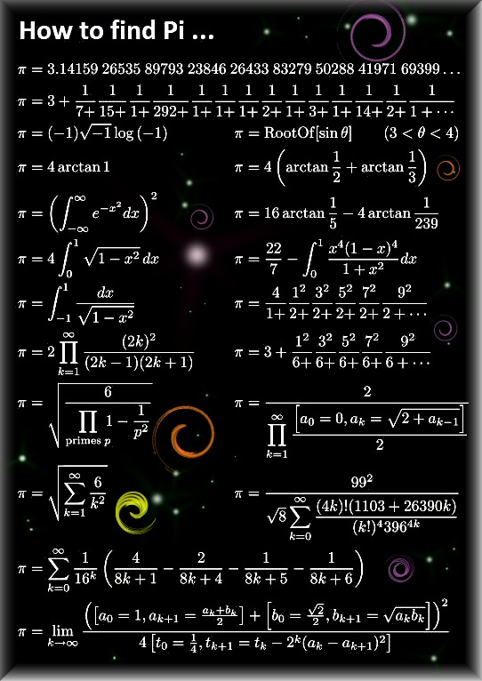 pickover's tweet photo. Mathematicians dream of π. 

Let's imagine handing this to space-faring extraterrestrials as a gift, or to determine how many of these they have discovered themselves. 

This equation set is circulating widely on the web.  Example:  https://t.co/nU4QkAg1ig https://t.co/YEEa0P1vXA