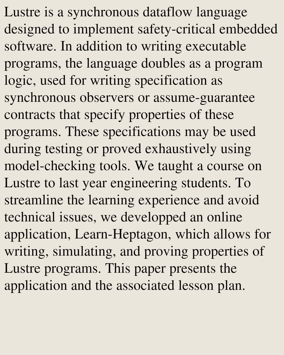 ProgPapers's tweet photo. Teaching Synchronous Dataflow Modelling with Learn-Heptagon

Pierre-Loïc Garoche, Basile Pesin
https://t.co/0qpiHKvzEU [𝚌𝚜.𝙿𝙻] https://t.co/f6JNHOobHb