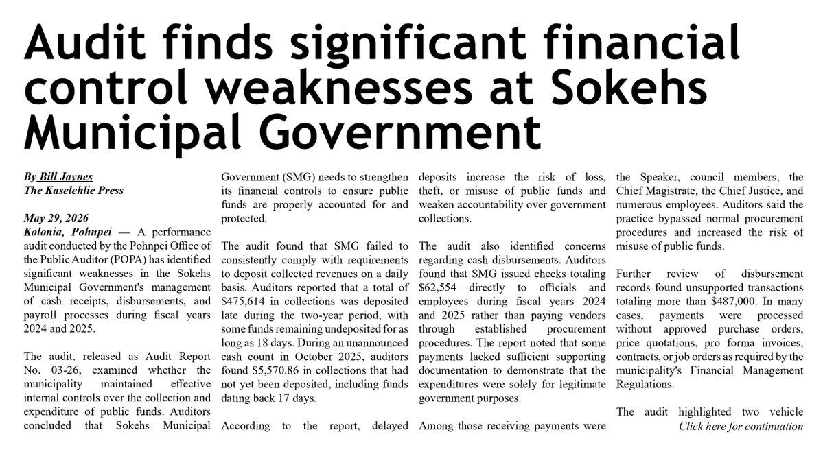 PASAI_HQ's tweet photo. "Public Auditor Erick Paul said the findings demonstrate the need for immediate improvements in financial management and accountability."

Another audit by SAI FSM Pohnpei in 🇫🇲 on the front page: https://t.co/ghq4BadZV7

#PacificAuditors #SAIs https://t.co/PSlQSySwvp