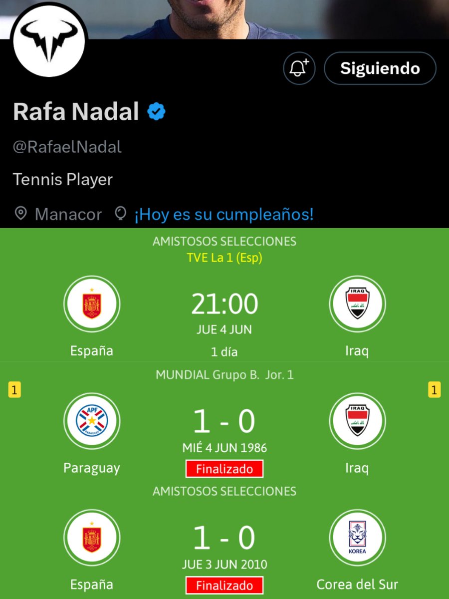 predictorRM's tweet photo. ¿Sabías que?

📊 Hoy, 3 de junio, Rafa Nadal cumple 40 años.

Iraq 🇮🇶, el próximo rival de España 🇪🇸 el 4 de junio (amistoso), jugará el Mundial 2026 tras 40 años sin participar.

España 🇪🇸, antes del Mundial 2010, también jugó amistoso (3 de junio) vs. 🇰🇷 una selección asiática. https://t.co/NTjCuWlEfl
