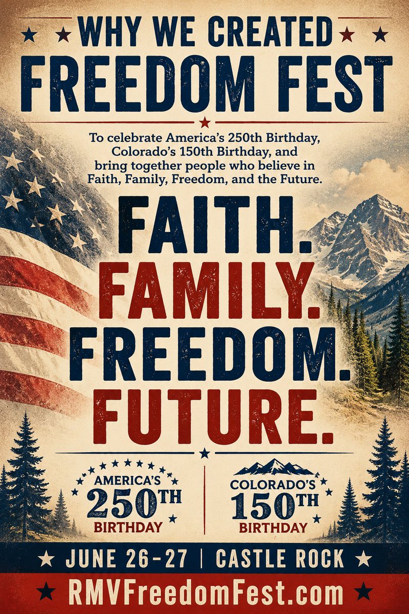 TheRMVoice's tweet photo. 🇺🇸 WHY WE CREATED FREEDOM FEST 🇺🇸

America is celebrating its 250th Birthday.
Colorado is celebrating its 150th Birthday.

And we believe it's worth bringing people together to celebrate the values that made both possible:

FAITH.
FAMILY.
FREEDOM.
FUTURE.

Join us June 26-27 in Castle Rock for two unforgettable days of speakers, workshops, rodeo, live music, the Back the Blue Bash, Mountain Majesty Gala, and more.
🎟 https://t.co/ugnwercSS1