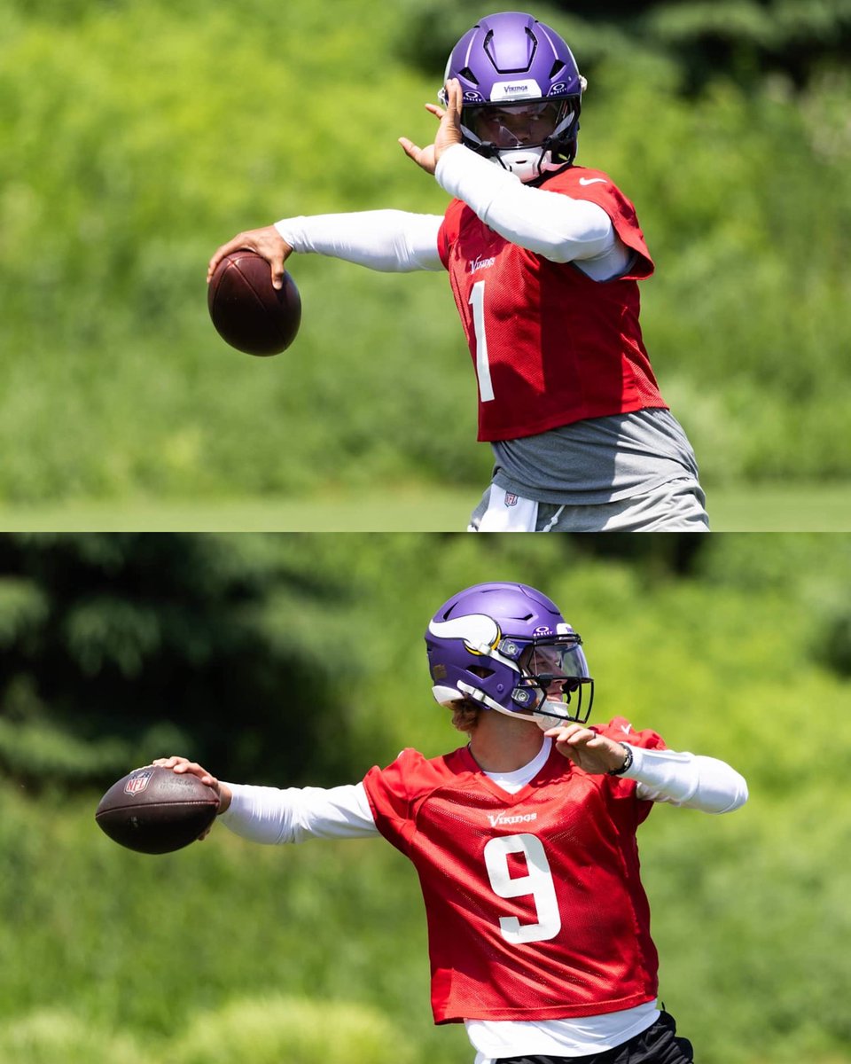 JasonHarmonNFL's tweet photo. Kyler Murray and JJ McCarthy at today’s OTA practice 

📷: Alli Rusco https://t.co/s2E43LApWE