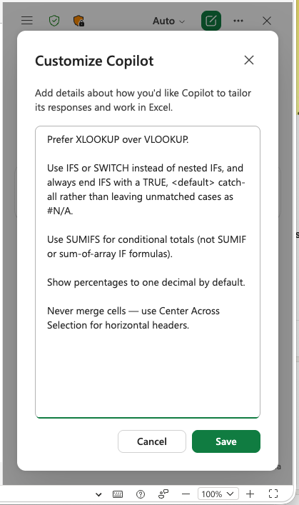 brijones's tweet photo. New feature in Excel Copilot: Personalization

Customize Copilot to follow the patterns and practices you use. These preferences run with every prompt.

Excel MVPs, what would you add? Center Across Selection top of the list? https://t.co/RJyFz8YMsN