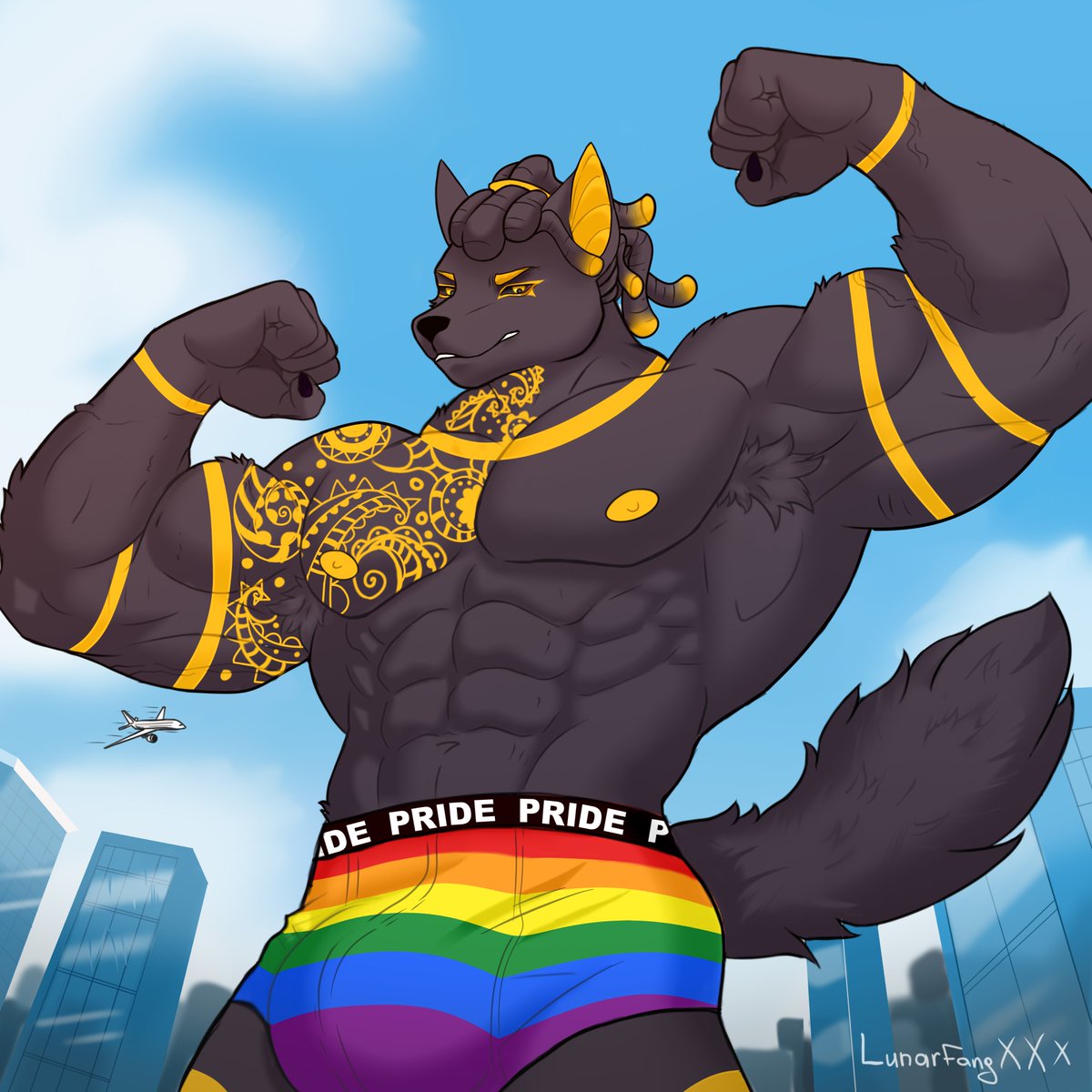 Psarojackal's tweet photo. Biiiig man at the parade!! And yes, he sees you taking pictures~
Wish everyone a happy Pride Month!❤️🧡💛💚💙💜🤎🤍

🎨:@LunarFangXXX https://t.co/h634vq5wD5