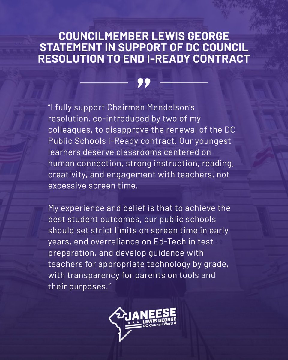 CMLewisGeorgeW4's tweet photo. Our youngest learners deserve classrooms centered on human connection, strong instruction, reading, creativity, and engagement with teachers, not excessive screen time.
 
Read my full statement: https://t.co/LFbFbswB4v