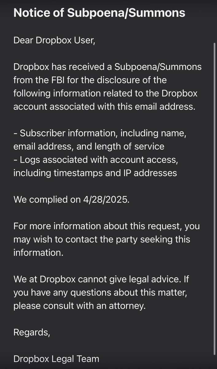 sarahadams's tweet photo. New FBI, same as old the FBI.  They literally subpoenaed my Dropbox in April of last year when I was a DoD employee. They knew where I worked, and could come by my office at anytime to talk to me. They also could come to my home as they were there in person in January 2025 to deal with the assassination plot against me.

This is weaponization and NO they have not been reformed.