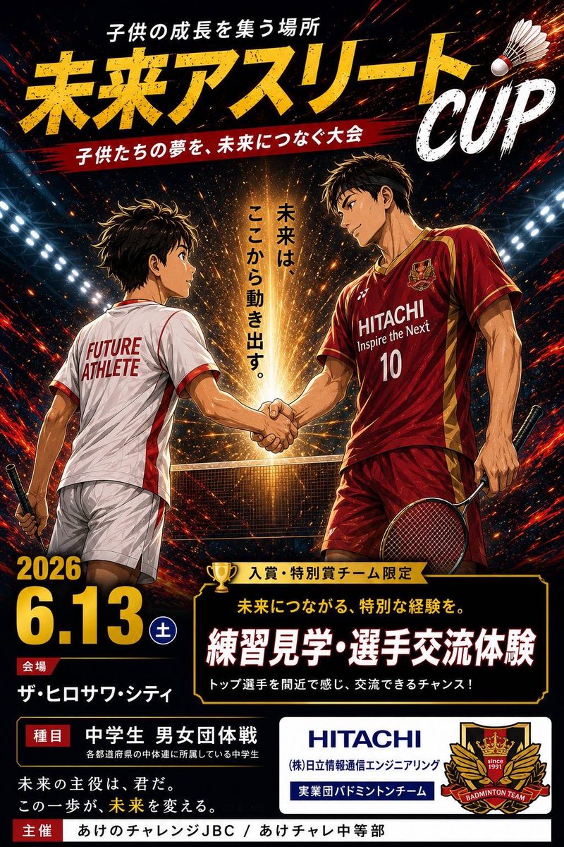 funfunmiyukids's tweet photo. 🏸第1回 未来アスリートカップ開催🏸

子どもたちの夢を未来につなぐ
「未来アスリートカップ」

📅6月13日（土）
📍ザ・ヒロサワ・シティ

未来の主役は、君だ。
この一歩が、未来を変える。

選手の皆さんの活躍を応援しています！

#未来アスリートカップ
#あけチャレ
#バドミントン
#水柿みゆき https://t.co/JKG9BFzDmY