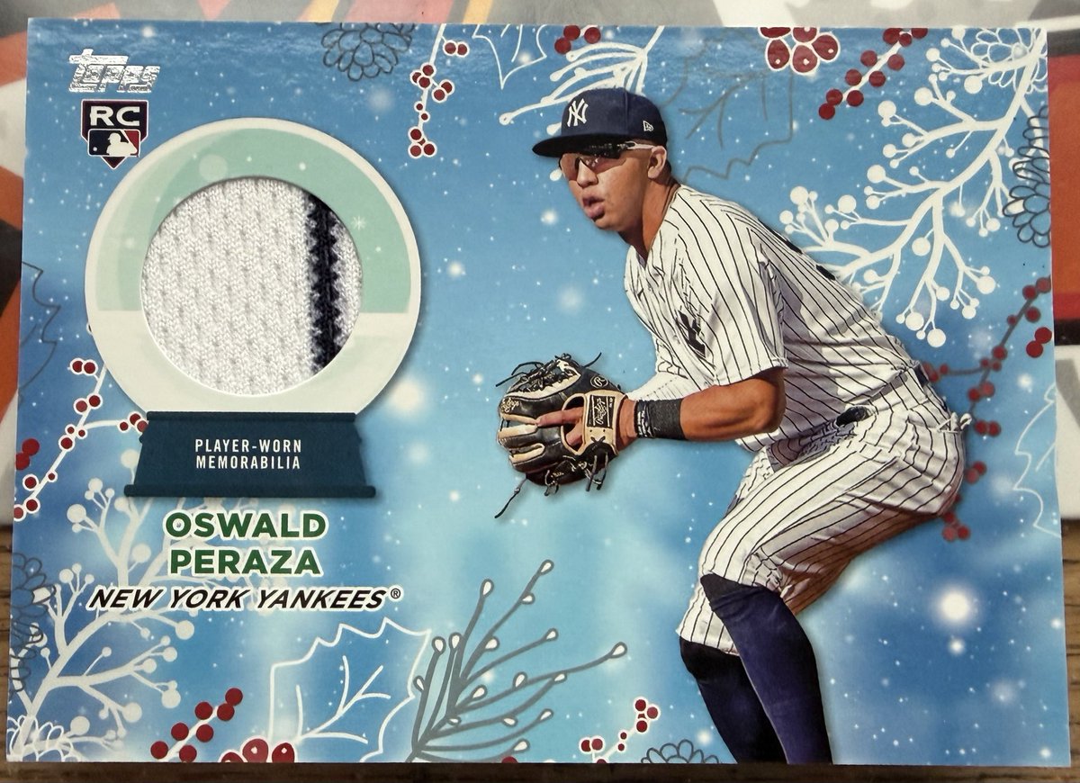 Foustma2's tweet photo. @GotdemCards Oswald Peraza RC topps holiday relic w/Yankee pinstripe. $2 shipped. https://t.co/hRwl4sY9oG