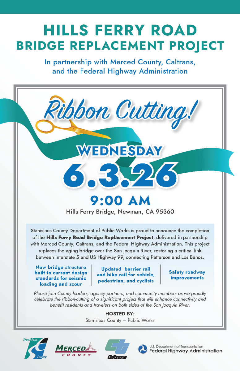 MercedCounty's tweet photo. We hope you can join us at 9 a.m. tomorrow (June 3) for an official ribbon-cutting ceremony for Hills Ferry Road Bridge! See flier for details. https://t.co/KikfXUQlMk