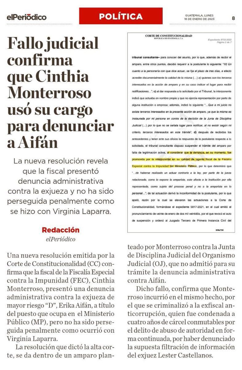 jczamora's tweet photo. #LoMásLeído en su momento y vigente hoy: un fallo judicial confirmó que Cinthia Edelmira Monterroso utilizó su cargo para denunciar a Aifán. Un antecedente que las actuales autoridades del @MPguatemala deberían tomar en cuenta. https://t.co/03ugtlBH2w