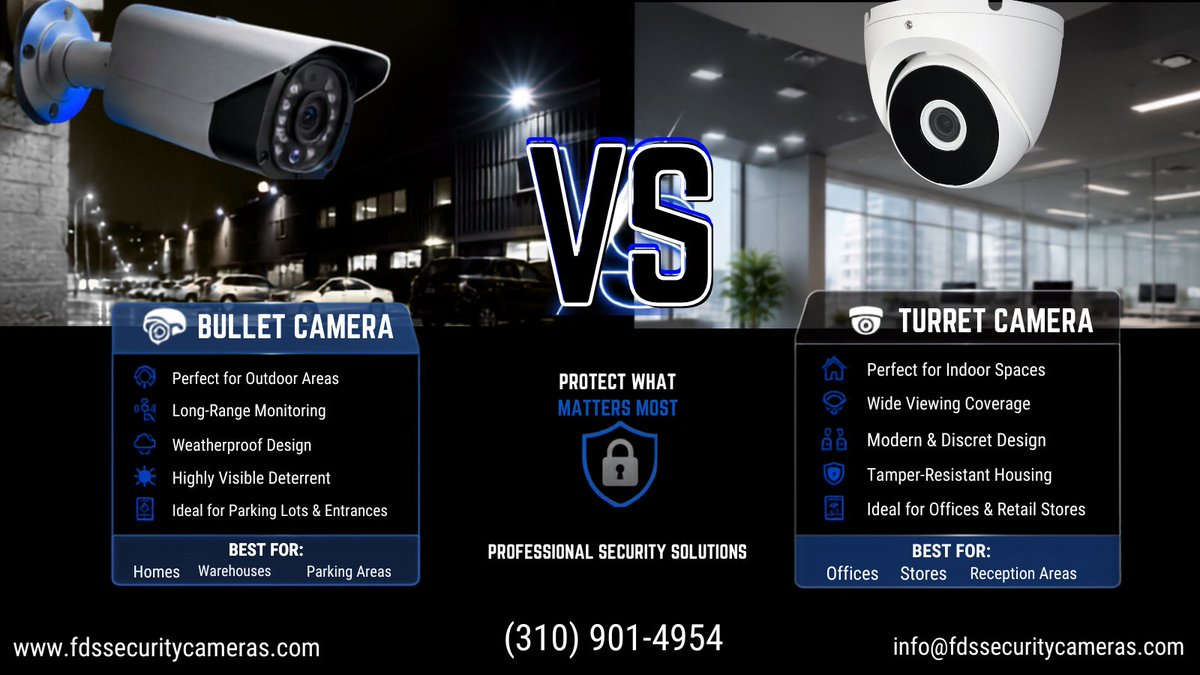 cctv_la's tweet photo. 🛡️ Bullet vs. Turret Cameras 📹

Not sure which camera is right for your property? Our team can help you choose the best option for your security goals.

📍 https://t.co/RNhS6TPHUJ
📞 (310) 901-4954
📧 info@fdssecuritycameras.com
#SecurityCameras #BulletCamera #TurretCamera https://t.co/9KYebA4rJU