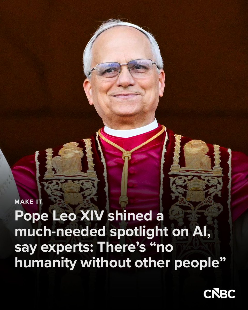 CNBC's tweet photo. In late May, Pope Leo XIV published a 42,000-word encyclical, or letter, entitled “Magnifica Humanitas: On Safeguarding the Human Person in the Time of Artificial Intelligence.”

In it, he discussed a range of AI-related topics, including the need for policies and legal frameworks as the technology evolves, and the risks of concentrating its power in the hands of a few. He also weighed in on the conversation around AI-human relationships. https://t.co/NEOPv7EA5B