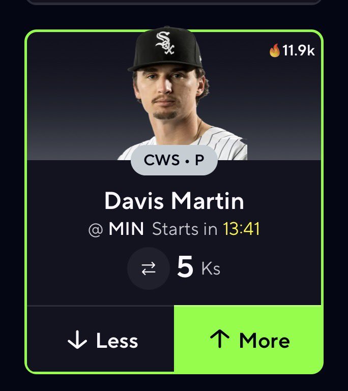 BetsWithBlitz's tweet photo. MLB POTD ⚾️ ⭐️ 

Davis Martin “O” 5.0 K’s 🔒

(338-154) Record 🔥 

#PrizePicks | #DailyFantasy
https://t.co/g6UCHyBBuP https://t.co/ip9zXsxrpT