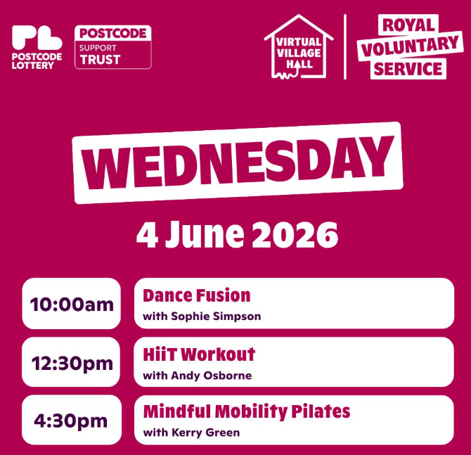 Stag_RosePPG's tweet photo. #wednesday @VirtualVillHall🙌🏼 if you can't get out, you can still #StayFit & JOIN IN!! #BeActive
👇🏼Head to the 'Events' tab at the top of their page to join in LIVE!
All sessions are brought to you by Royal Voluntary Service🎉
https://t.co/sGNYG5dXul
#GetConnected https://t.co/HI21KpMXH6