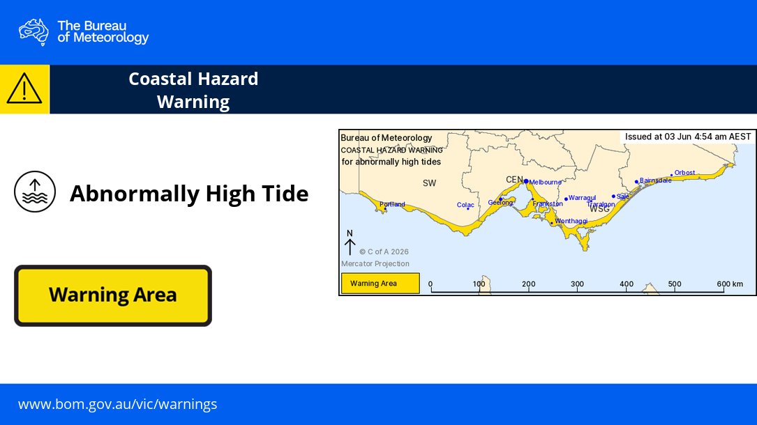 BOM_Vic's tweet photo. ⚠️🌊 4:54am: Coastal Hazard Warning for abnormally high tides for parts of Central, East Gippsland, South West and West and South Gippsland Forecast Districts.

Elevated sea levels are expected to persist into Thursday.

Details:https://t.co/w6htWByV3j https://t.co/TE8qGrRRJr