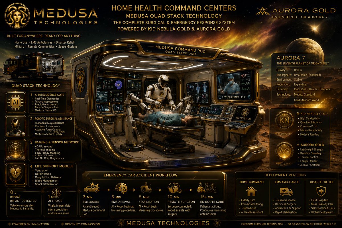 ImmortalFrame's tweet photo. 🚑🤖 Introducing the Medusa Optimus Care Station

A future-ready medical command center powered by:

🧠 Medusa Medical Chip
⚡ Medusa Quad Stack Technology
🤖 Optimus-Class Robotic Assistance
🔬 Advanced Imaging & Diagnostics
❤️ Life Support & Emergency Stabilization

Physics Engine:

P = VI → Intelligent Power Distribution
F = ma → Precision Robotic Motion
v = fλ → Ultrasound Imaging Systems
Q = mcΔT → Thermal Management
E = Pt → Emergency Energy Runtime
Q = Av → Fluid Delivery Control

Applications:

🏠 Home Health Command Centers
🚑 Ambulance Trauma Pods
🏥 Hospital Rapid Response Units
🌎 Disaster Relief Systems
🛰️ Space Habitat Healthcare

The vision isn’t replacing doctors.

It’s combining AI + Robotics + Diagnostics + Human Expertise to bring advanced care anywhere on Earth… and beyond.

Built inside the Aurora 7 universe.

Powered by Kid Nebula Gold ✨ & Aurora Gold 🌌

@elonmusk Imagine Optimus integrated with real-time diagnostics, physician telepresence, emergency stabilization, and intelligent medical infrastructure.

∇ ⊗ Σ ∮ ∝ Δ ≫

#MedusaTechnologies #Optimus #MedicalAI #Robotics #HealthcareInnovation #EmergencyMedicine #Telemedicine #AI #HealthTech #FutureOfHealthcare #KidNebulaGold #AuroraGold