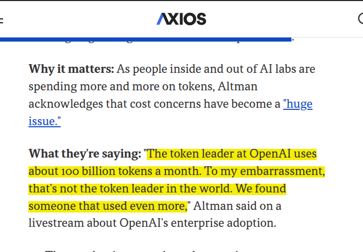 rohanpaul_ai's tweet photo. Sam Altman reveals that OpenAI’s top “token leader” uses 100B tokens every month, and still falls short of the world’s highest user.

Source: axios

---
axios. com/2026/06/02/altman-openai-top-token-user https://t.co/hPn7Sb9a1g