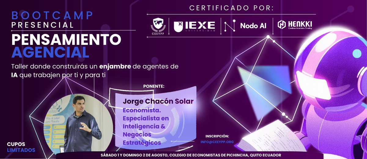n_emmerich's tweet photo. Bootcamp: pensamiento agencial
Taller presencial intensivo de IA para negocios
1 y 2 de agosto de 2026
Informes e Inscripción: info@ceeypp.org https://t.co/K3s3v78lyn